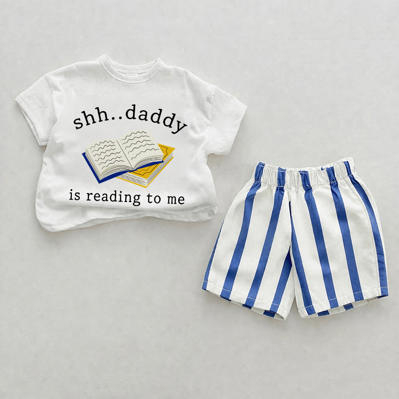 SHH…DADDY IS READING TO ME Baby Blue Vertical Striped 2-piece Shorts Set - White&Blue - 2-3T - image 1