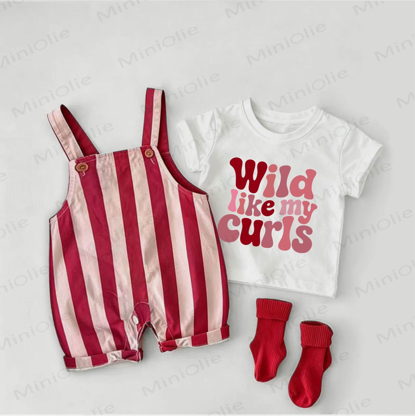 WILD LIKE MY CURLS Baby Slogan Red Stripe Overalls and White Tee 2-piece Set - White&Red - 2-3T - image 1