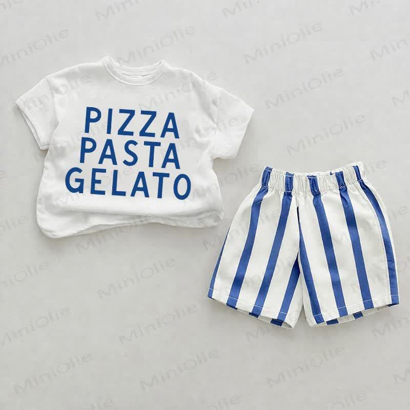 PIZZA PASTA GELATO Baby Slogan Blue Vertical Striped 2-piece Shorts Set - White&Blue - 2-3T - image 1