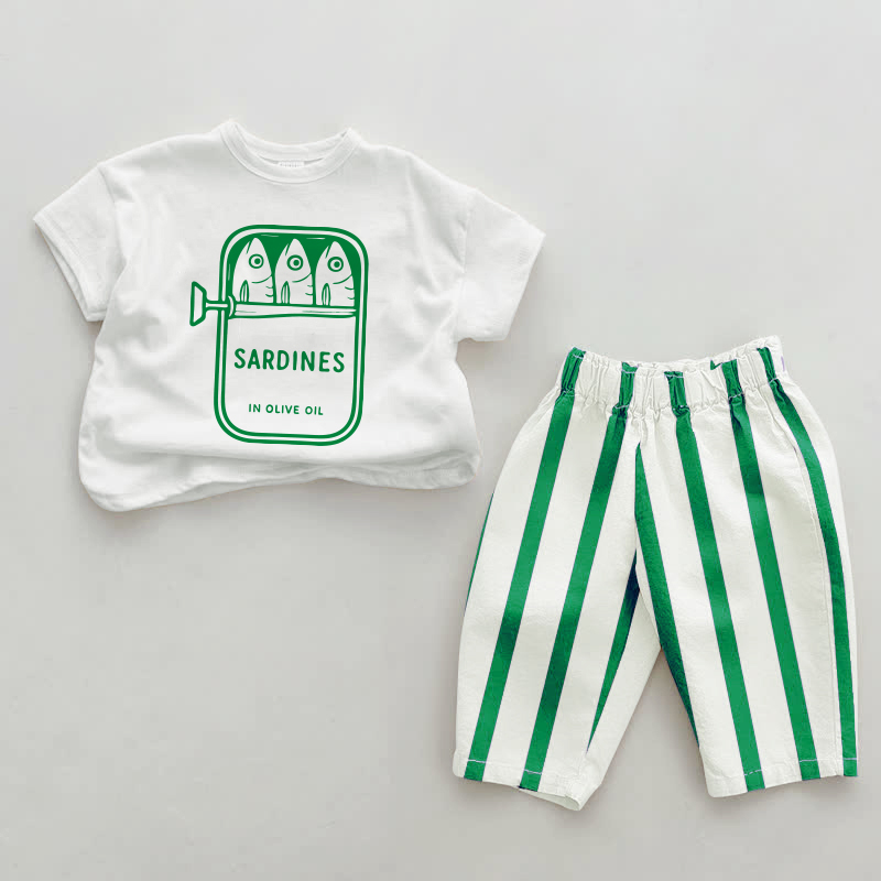 Baby Canned Sardines Pattern Green Vertical Striped 2-piece Set - White&Green - 2-3T - image 1