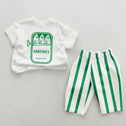 Baby Canned Sardines Pattern Green Vertical Striped 2-piece Set - White&Green - 2-3T - image 1