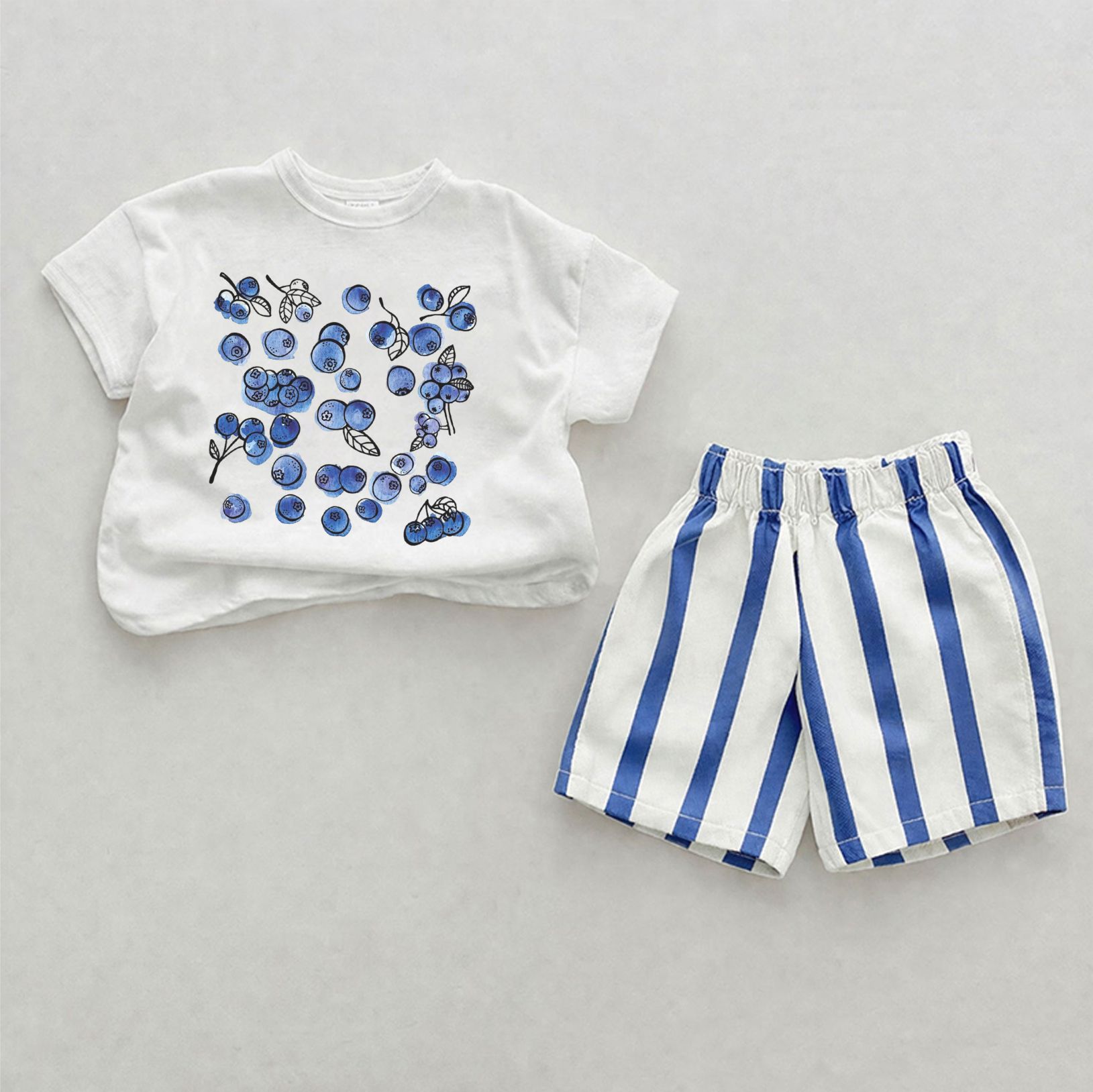 Baby Blueberry Print Blue Vertical Striped 2-piece Shorts Set - White&Blue - 2-3T - image 1