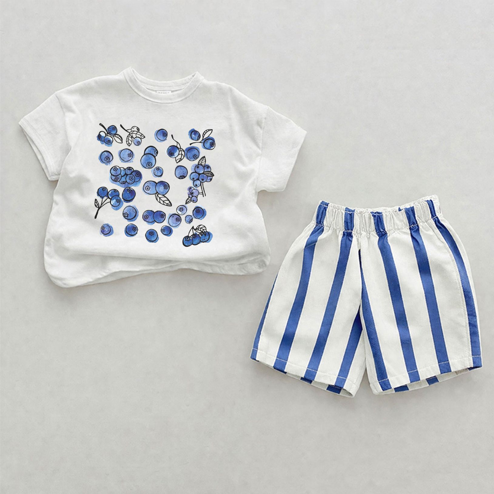 Baby Blueberry Print Blue Vertical Striped 2-piece Shorts Set - White&Blue - 2-3T - image 1