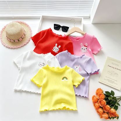 Toddler Baby Girl Ribbed Animal Embroidered Ruffle Trim T-Shirt - image 7