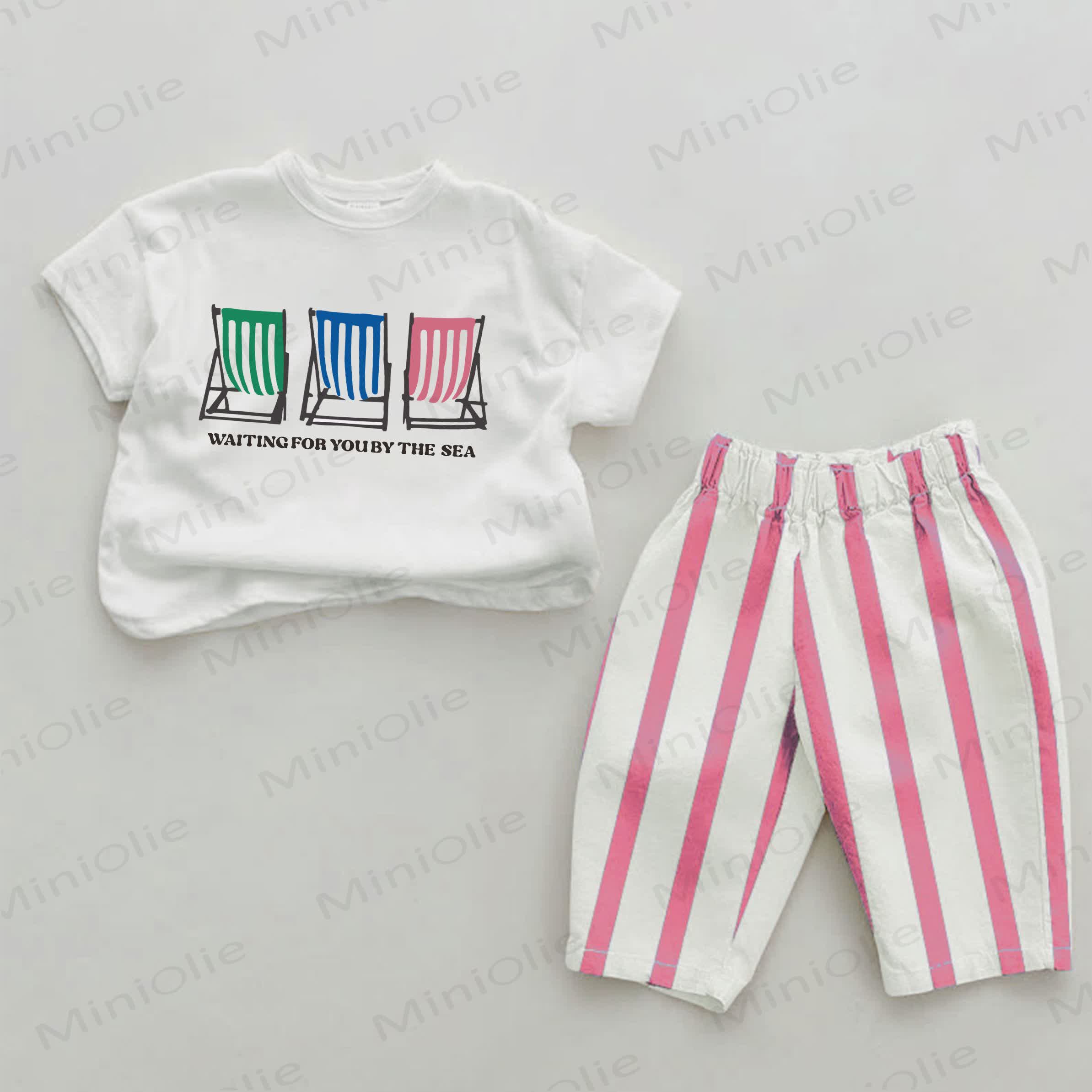 WAITING FOR YOU BY THE SEA Baby Pink Dolphin Print Vertical Striped 2-piece Set - White&Pink - 2-3T - image 1