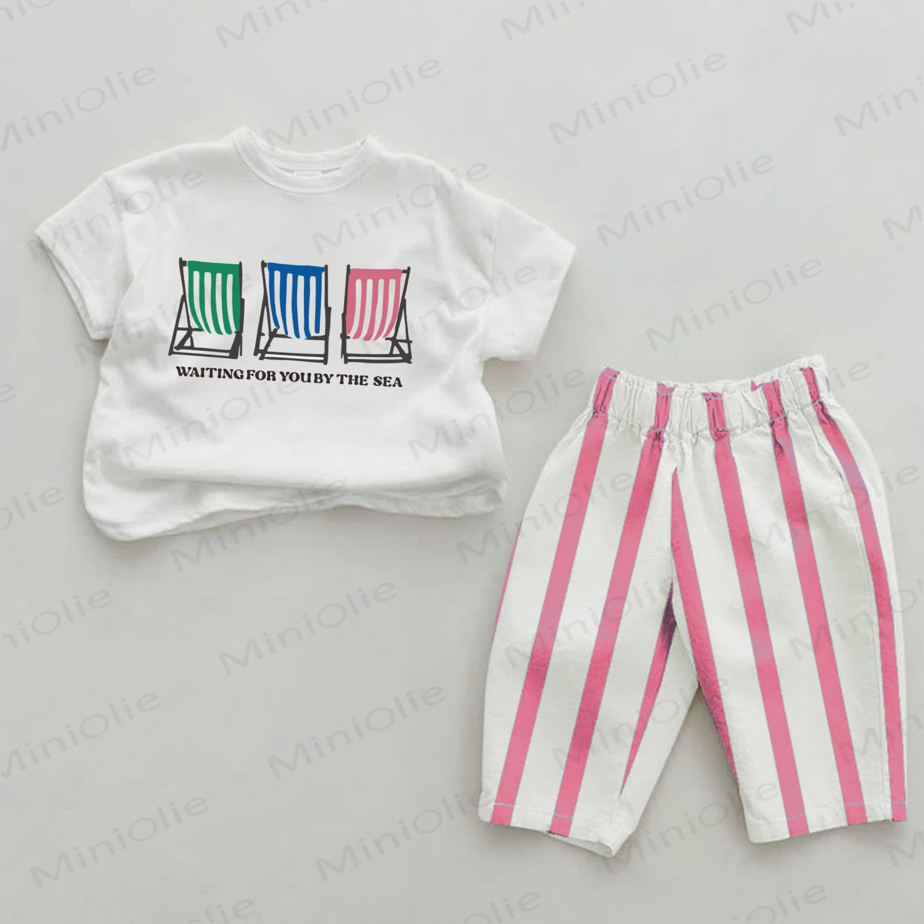 WAITING FOR YOU BY THE SEA Baby Pink Dolphin Print Vertical Striped 2-piece Set - White&Pink - 2-3T - image 1