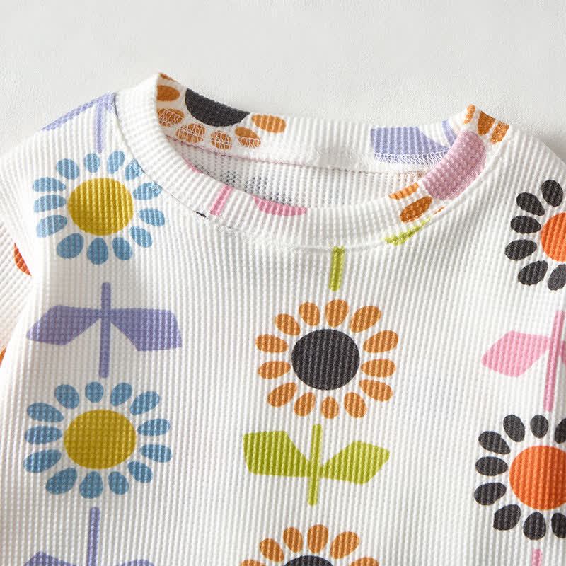 Baby Flower Print White Waffle Sweatshirt 2-piece Set - image 4