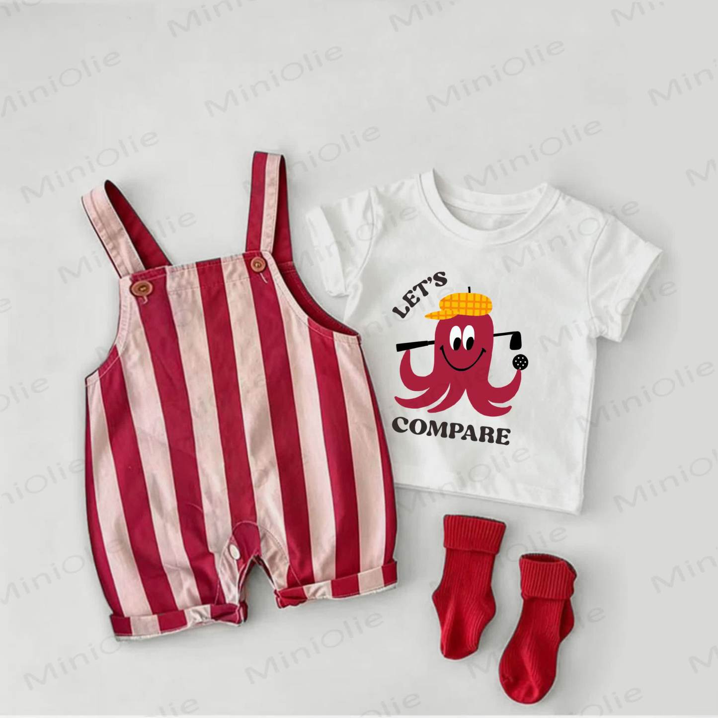 LET'S COMPARE Baby Octopus Print Red Stripe Overalls and White Tee 2-piece Set - White&Red - 2-3T - image 1