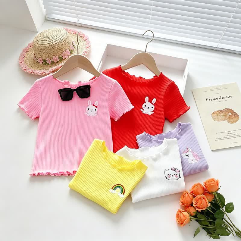 Toddler Baby Girl Ribbed Animal Embroidered Ruffle Trim T-Shirt - image 8