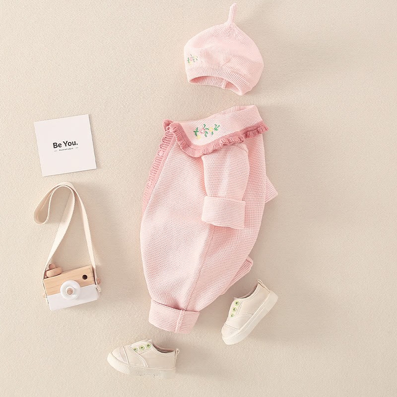  Baby Pink Floral Lace Collar Romper with Hat - image 4