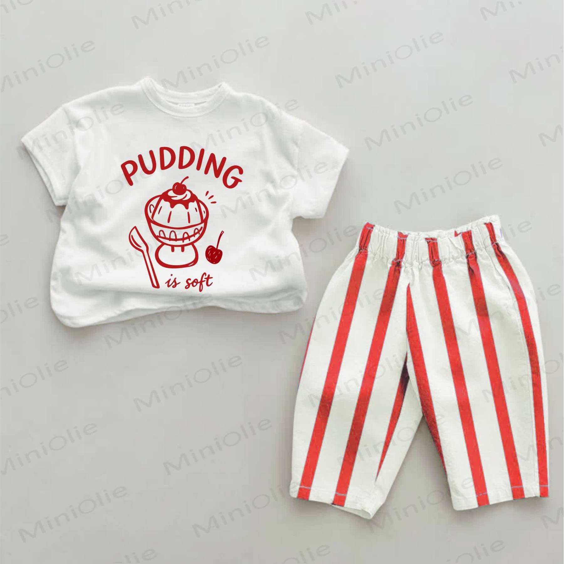 PUDDING IS SOFT Baby Pudding Print Red Striped 2-piece Set - White&Red - 2-3T - image 1