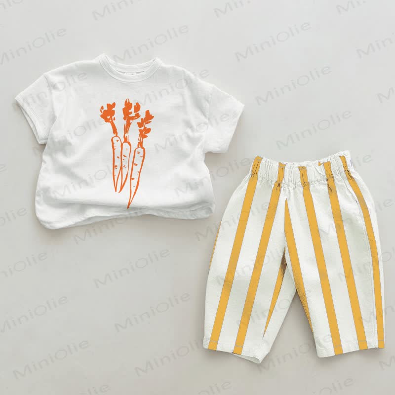 Baby Carrot Print Vertical Striped 2-piece Set - White&Yellow - 2-3T - image 1