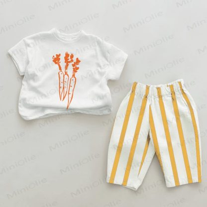 Baby Carrot Print Vertical Striped 2-piece Set - White&Yellow - 2-3T - image 1