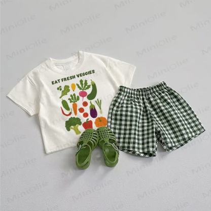 EAT FRESH VEGGIES Baby Tee and Plaid Shorts 2-Piece Set - White&Green - 3-5T - image 1