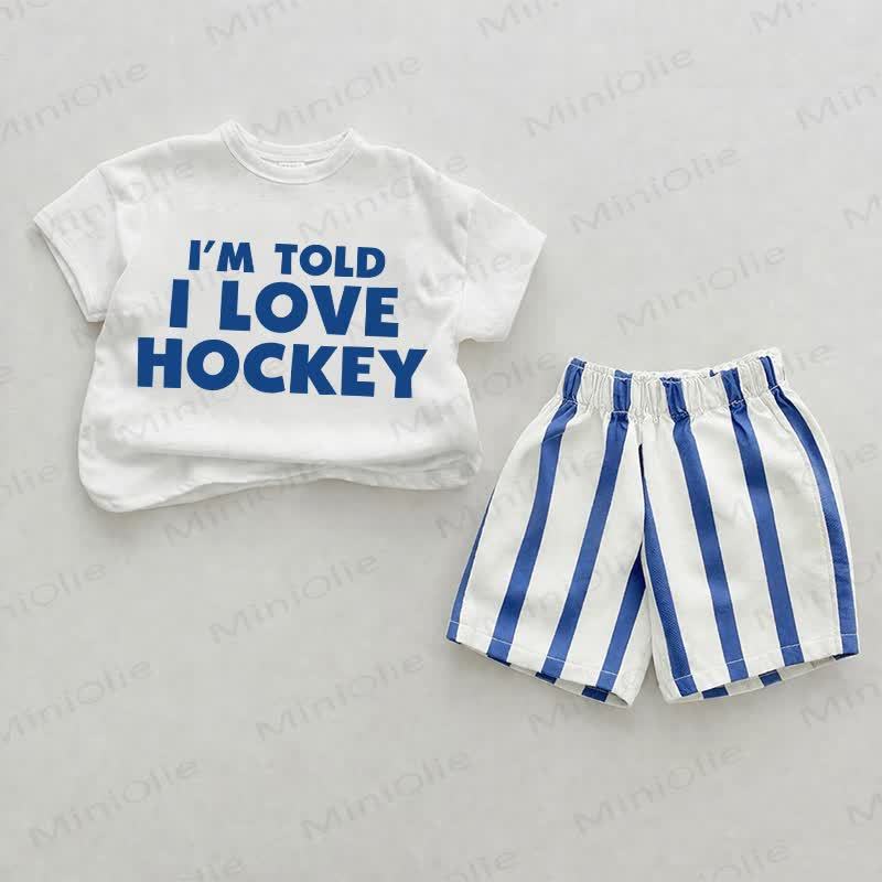 I'M TOLD I LOVE HOCKEY Baby Slogan Blue Vertical Striped 2-piece Shorts Set - White&Blue - 2-3T - image 1