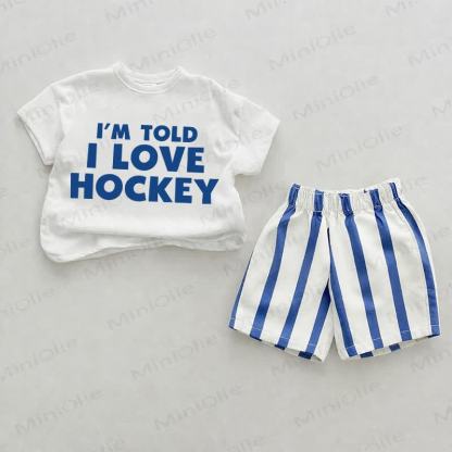 I'M TOLD I LOVE HOCKEY Baby Slogan Blue Vertical Striped 2-piece Shorts Set - White&Blue - 2-3T - image 1