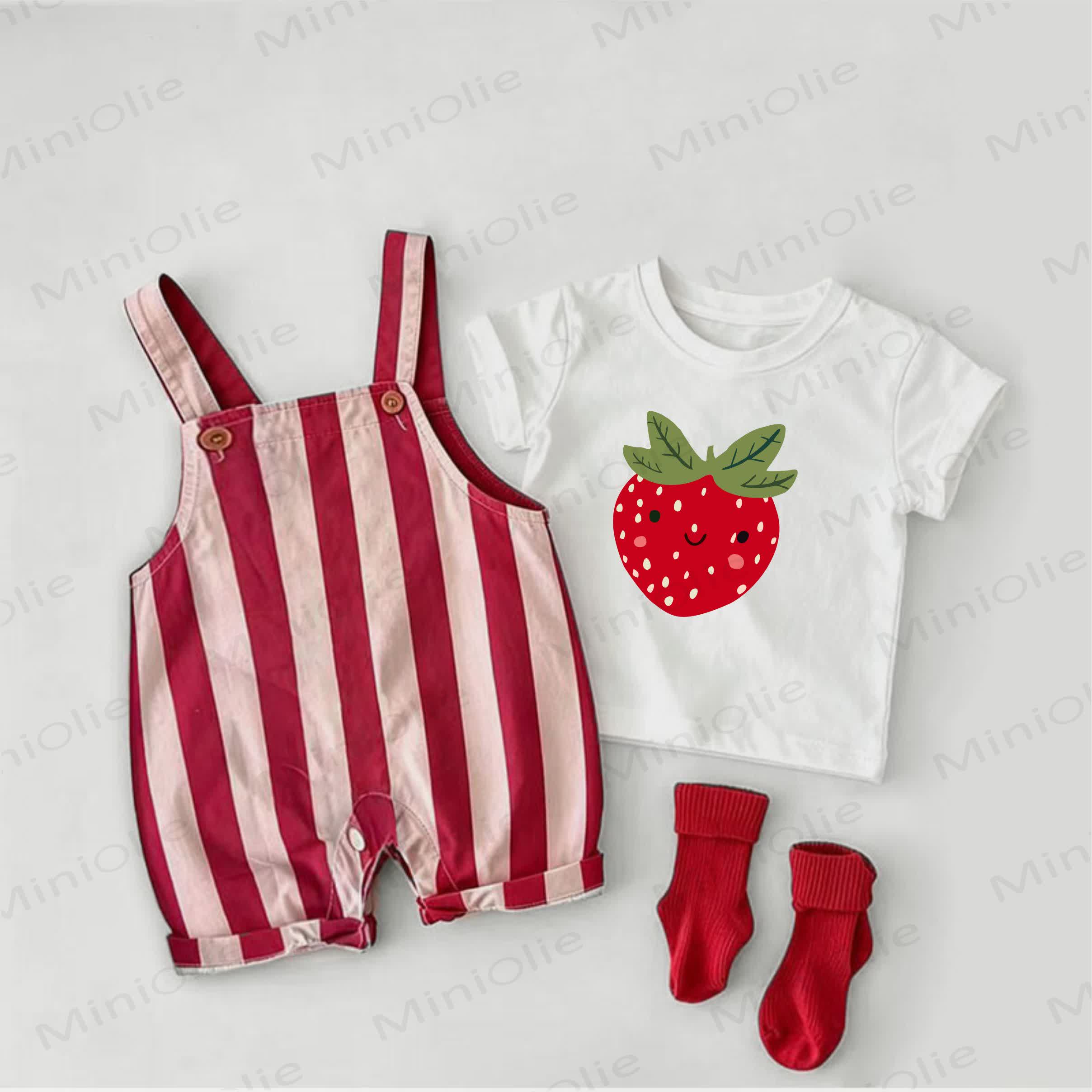 Baby Strawberry Print Red Stripe Overalls and White Tee 2-piece Set - White&Red - 2-3T - image 1