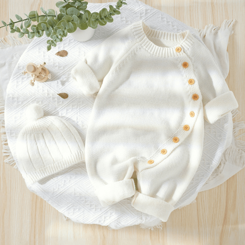 Baby Solid Color Knit Romper with Hat - image 11