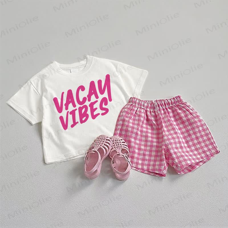 VACAY VIBES Baby Tee and Plaid Shorts 2-Piece Set - White&Pink - 3-5T - image 1
