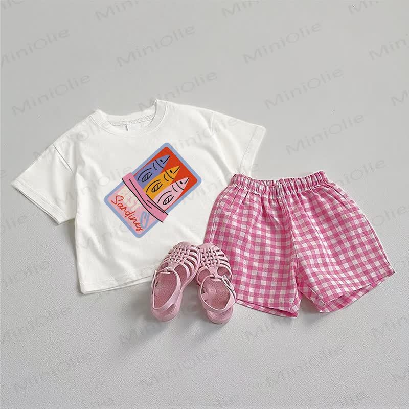 Baby BEST SARDINES Tee and Plaid Shorts 2-Piece Set - White&Pink - 3-5T - image 1