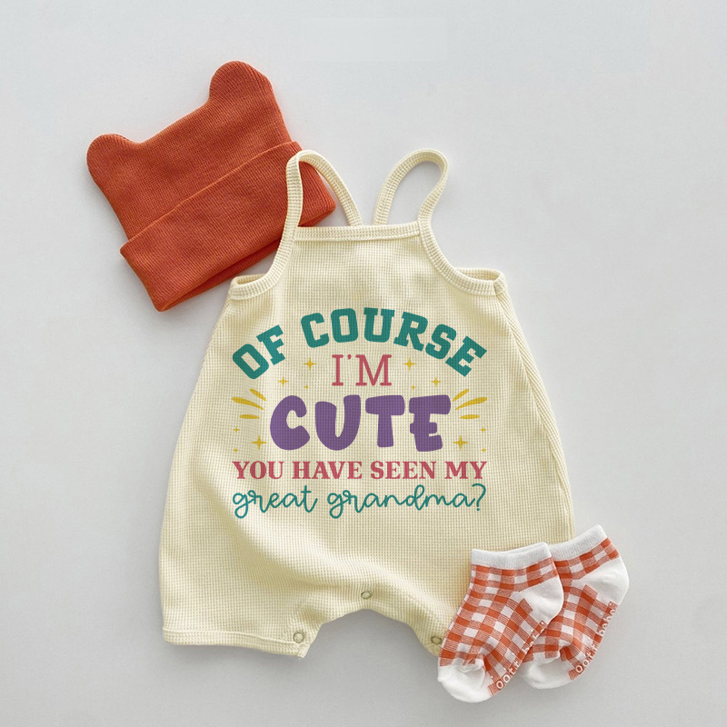 OF COURSE I'M CUTE YOU HAVE SEEN MY GREAT GRANDMA? Baby Waffle Suspenders Romper - Beige - 18-24M - image 1
