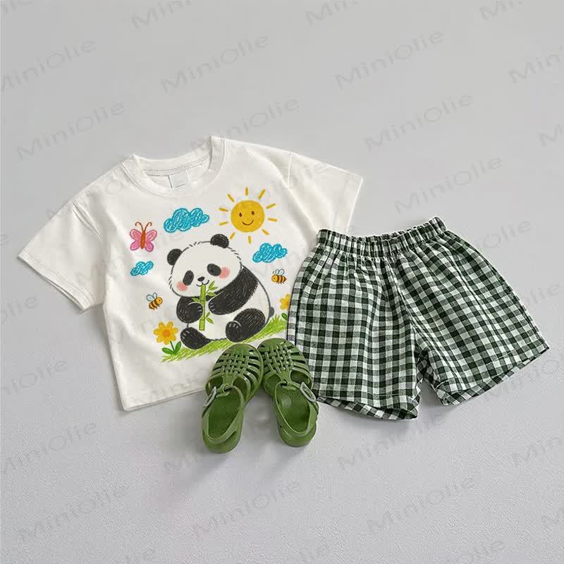 Baby Panda Tee and Plaid Shorts 2-Piece Set - White&Green - 3-5T - image 1