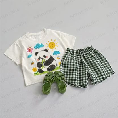 Baby Panda Tee and Plaid Shorts 2-Piece Set - White&Green - 3-5T - image 1