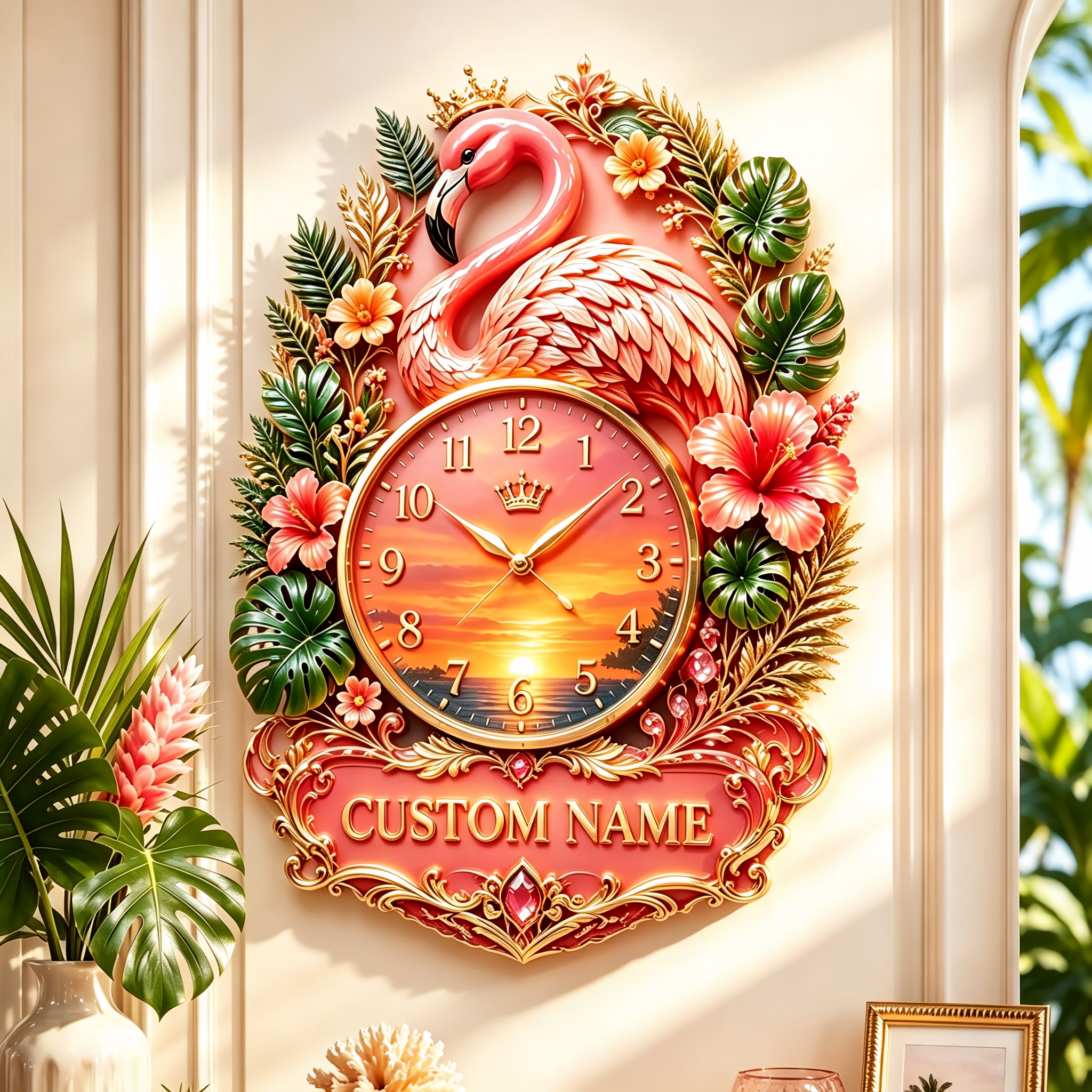 Personalized Flamingo Tropical Wall Clock🌴🌅