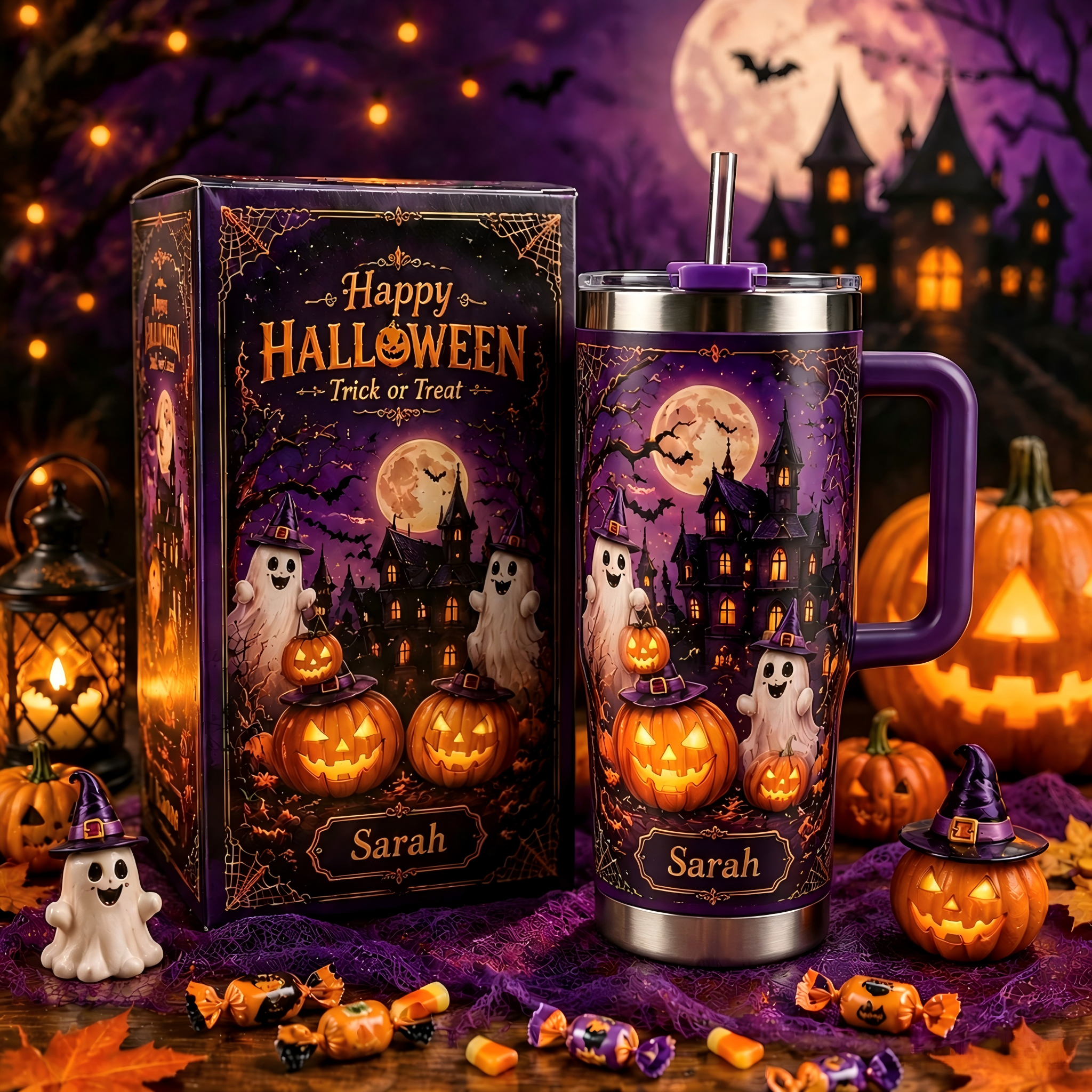 Personalized Happy Halloween Ghost Pumpkin Tumbler 🎃👻