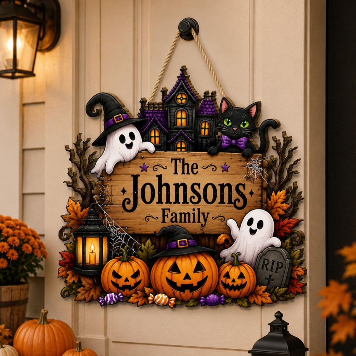 🎃Personalized Witch Hat Crow Family Name Halloween Hanging Sign✨