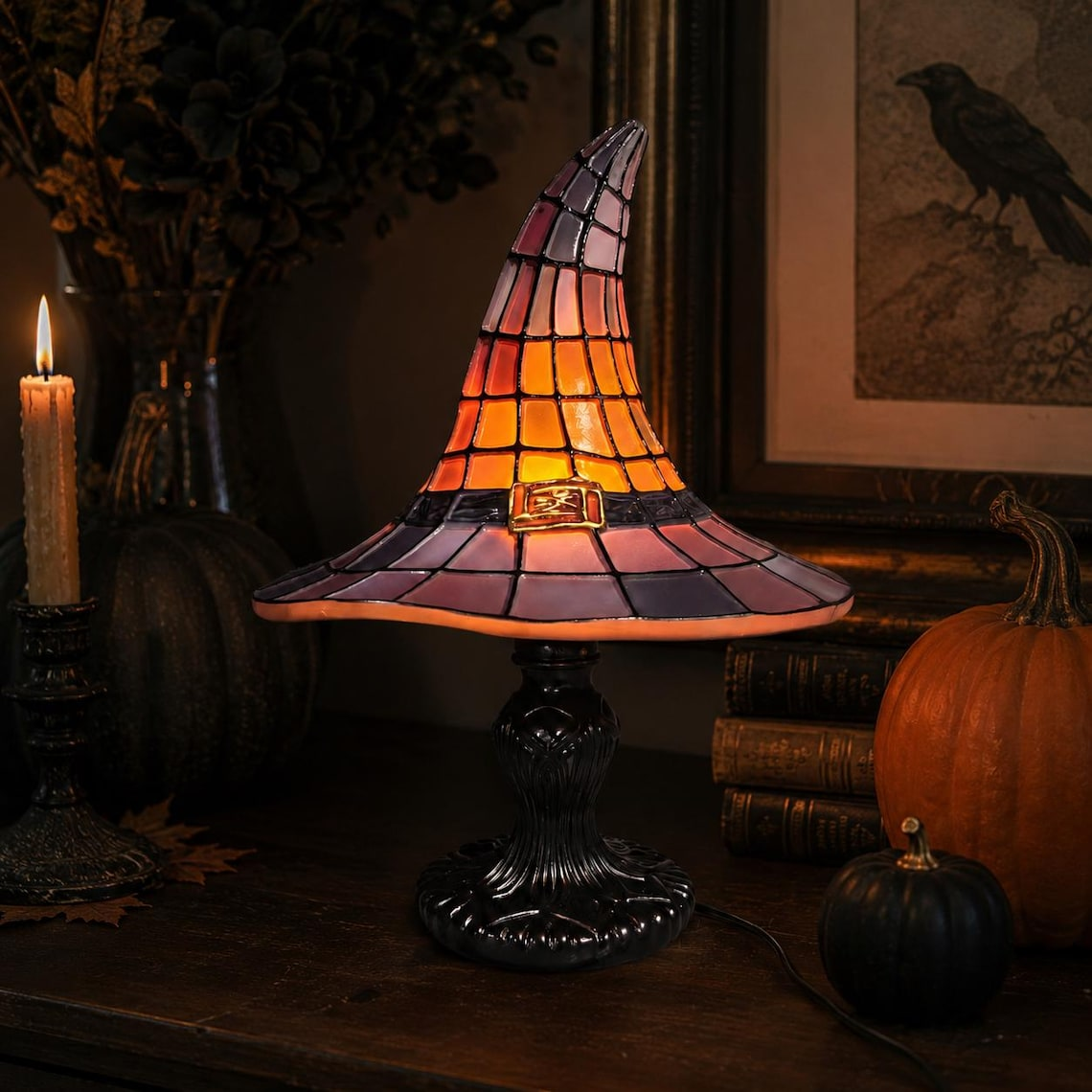 Halloween Witch Hat Lamp, Stained Glass Style Night Light, Gothic Fall Decor
