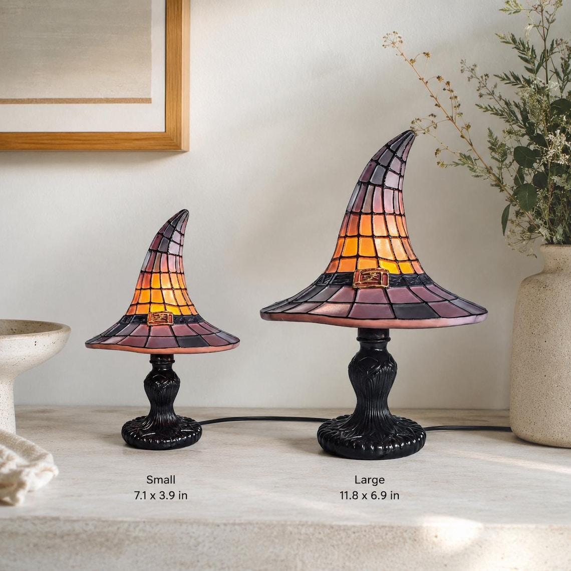 Halloween Witch Hat Lamp, Stained Glass Style Night Light, Gothic Fall Decor
