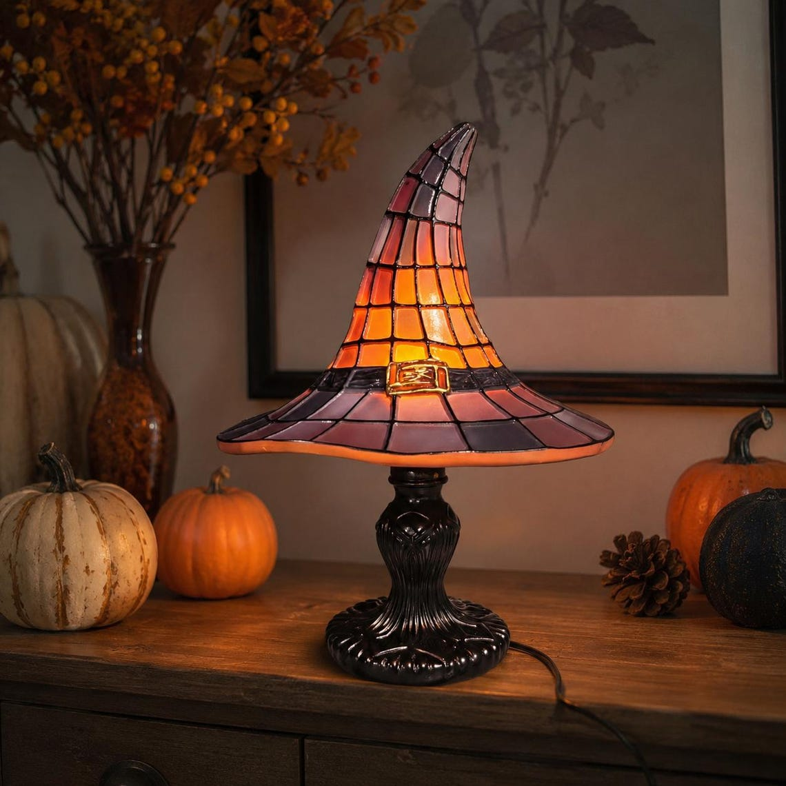 Halloween Witch Hat Lamp, Stained Glass Style Night Light, Gothic Fall Decor