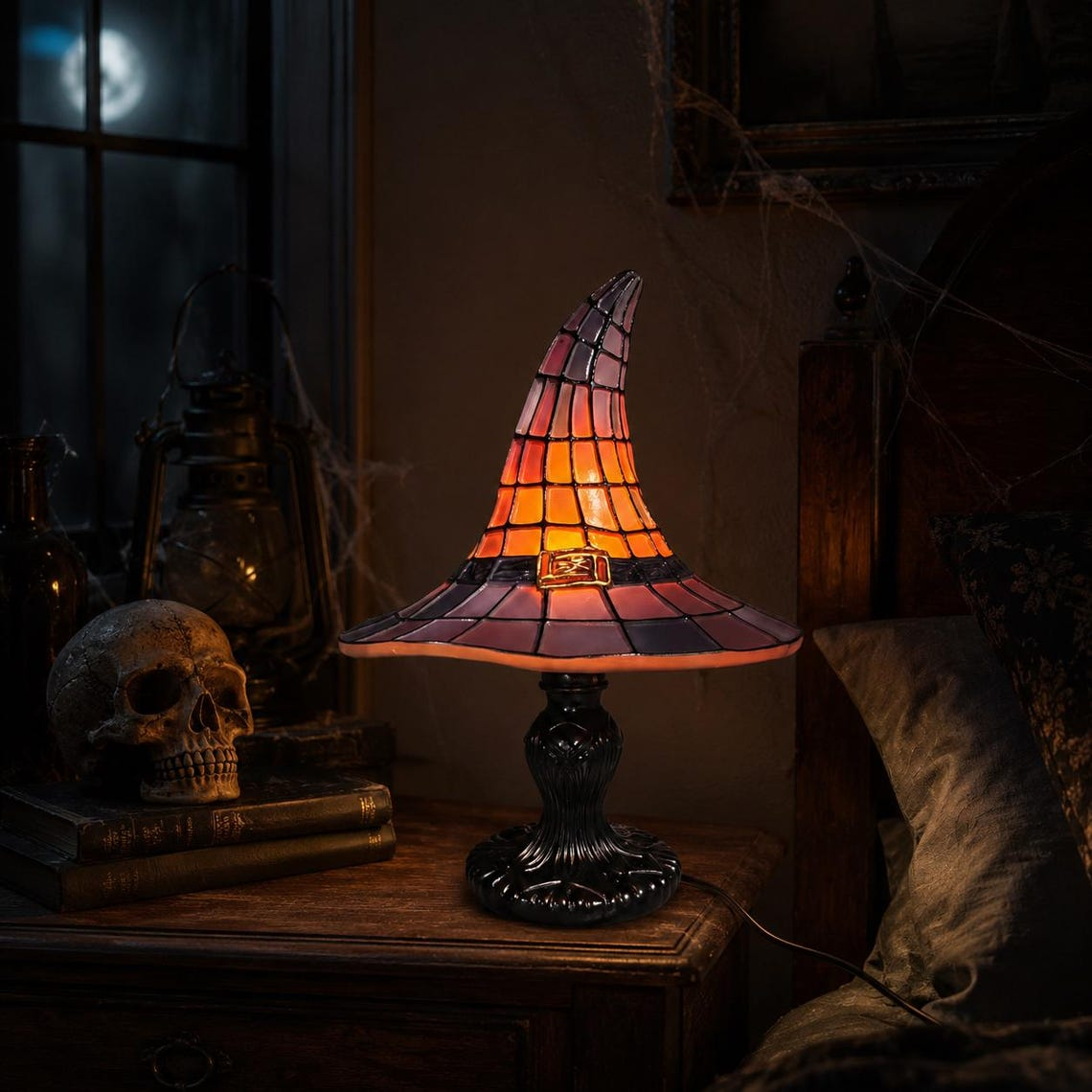 Halloween Witch Hat Lamp, Stained Glass Style Night Light, Gothic Fall Decor