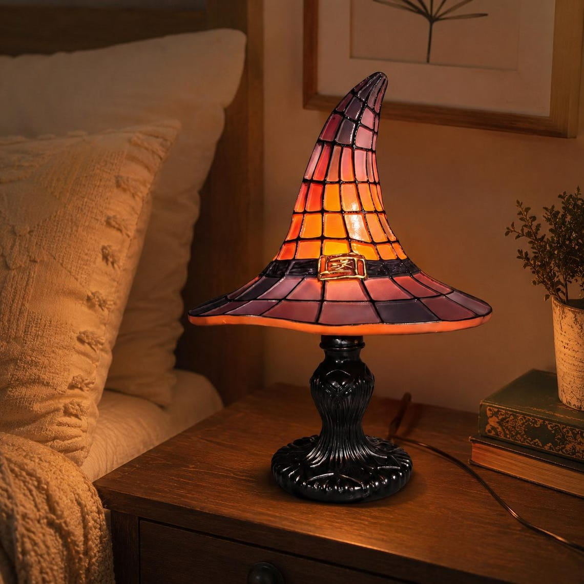 Halloween Witch Hat Lamp, Stained Glass Style Night Light, Gothic Fall Decor