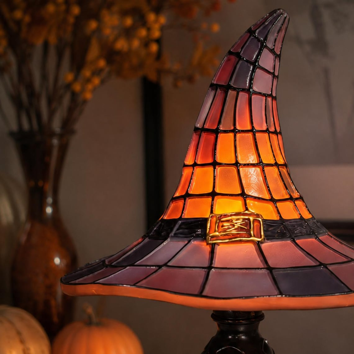 Halloween Witch Hat Lamp, Stained Glass Style Night Light, Gothic Fall Decor