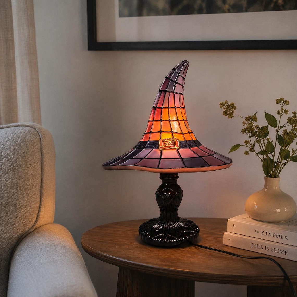 Halloween Witch Hat Lamp, Stained Glass Style Night Light, Gothic Fall Decor