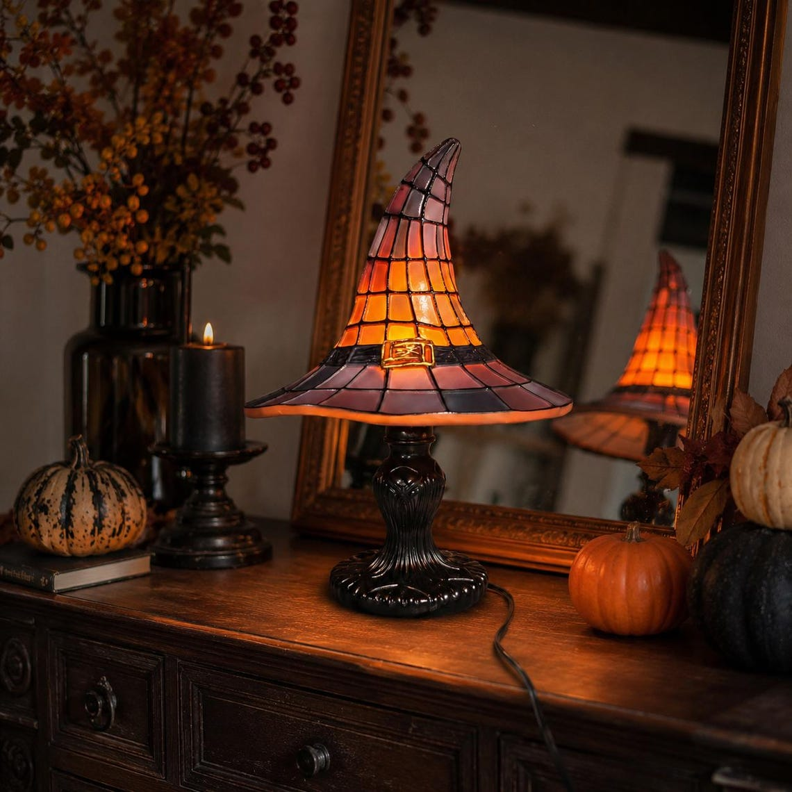 Halloween Witch Hat Lamp, Stained Glass Style Night Light, Gothic Fall Decor