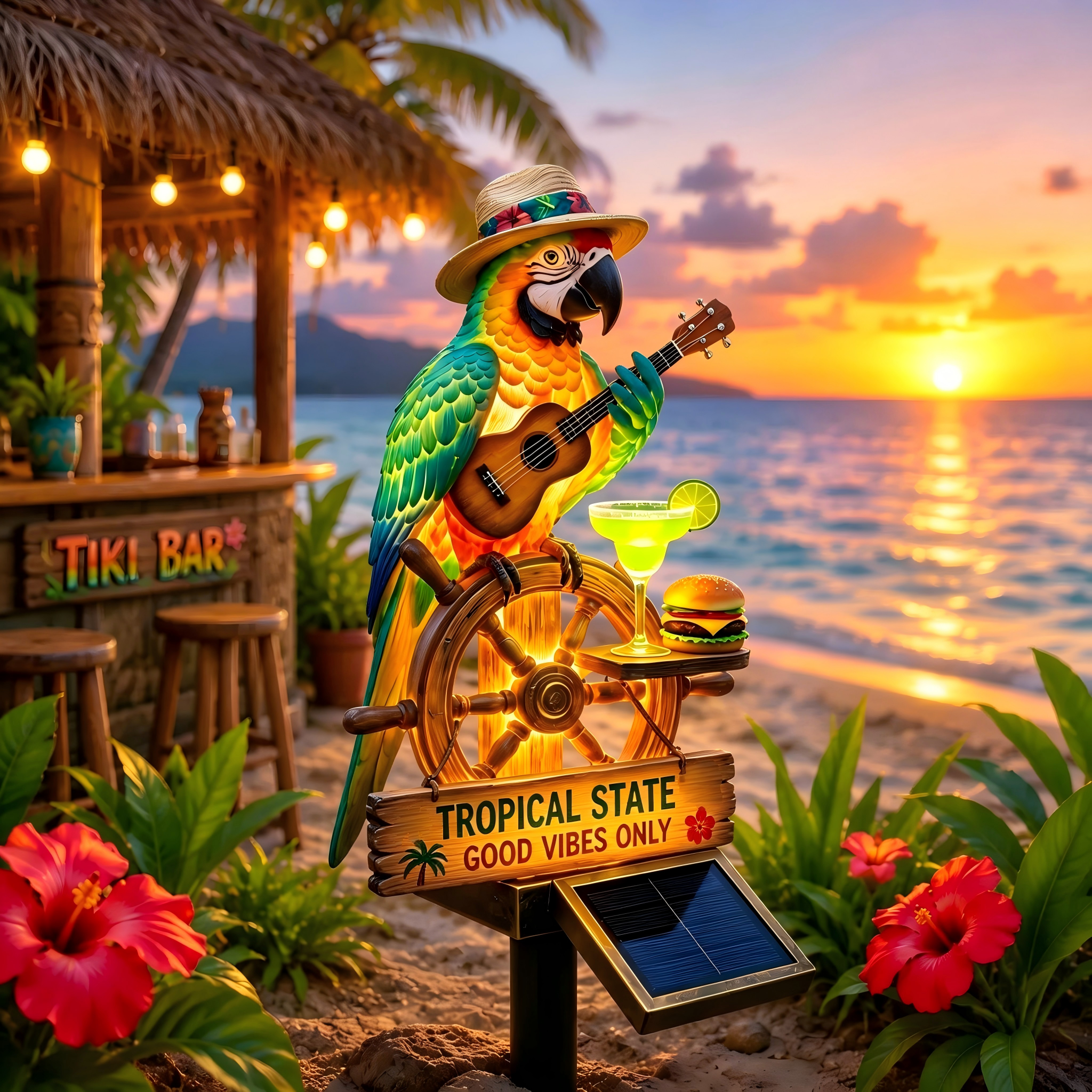 Solar Powered Tropical Parrot Garden Stake Light | Tiki Bar Outdoor LED Lawn Decor
