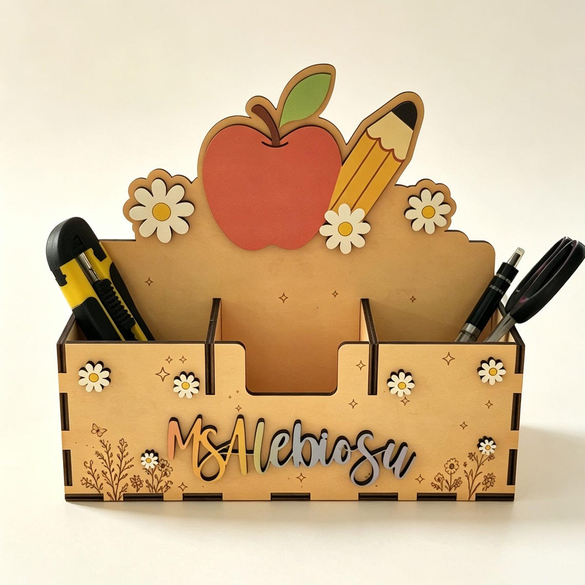 ✨Custom Teacher Name Wood Pen Caddy🌈