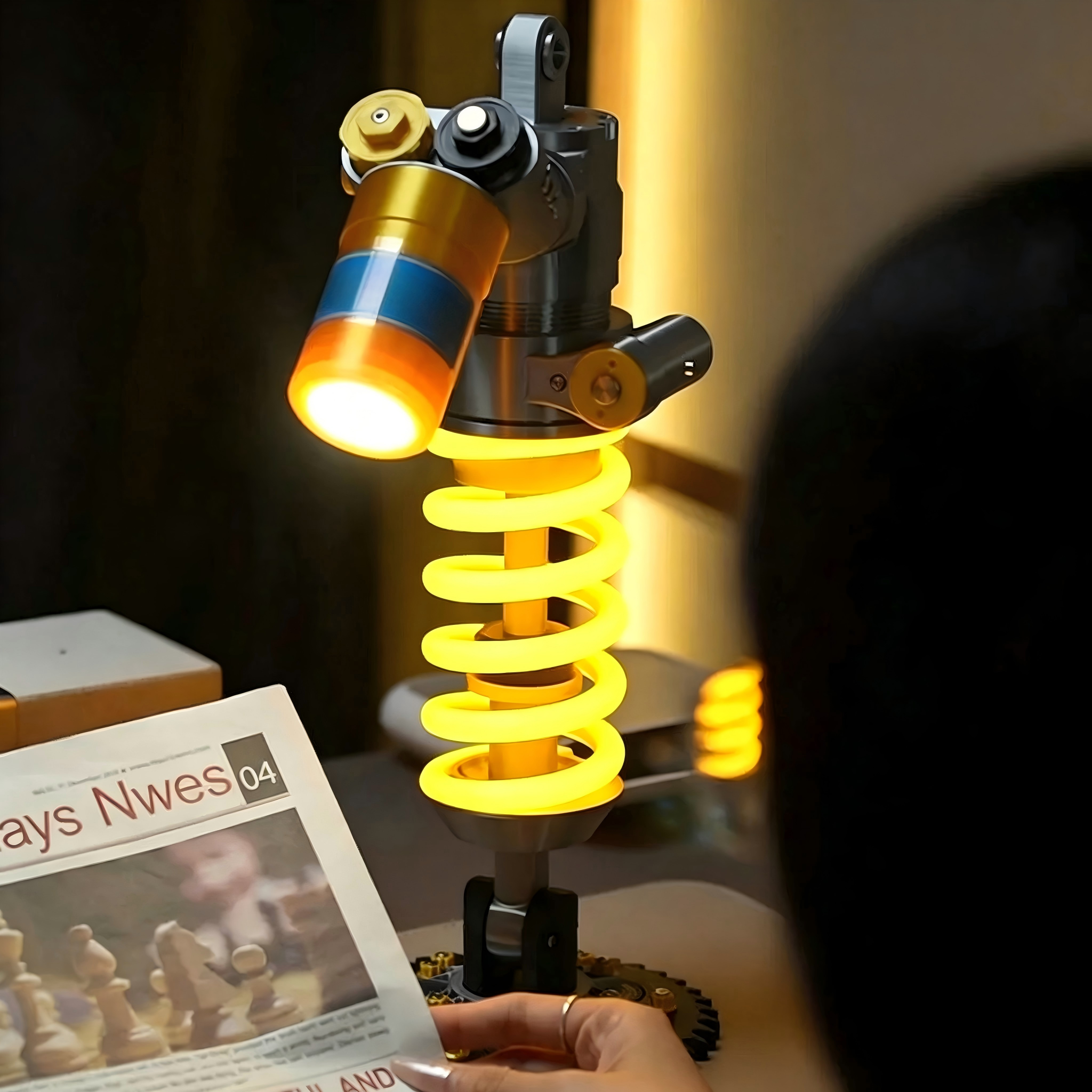 Automotive Shock Absorber Industrial Ambient Desk Lamp | Gear Base Mechanic Themed LED Night Light