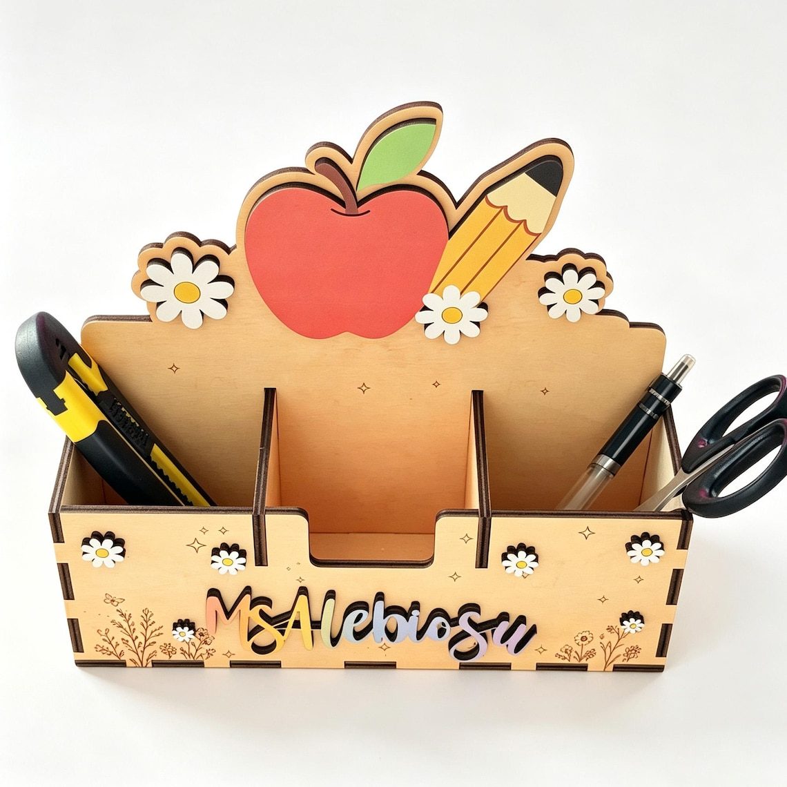 ✨Custom Teacher Name Wood Pen Caddy🌈