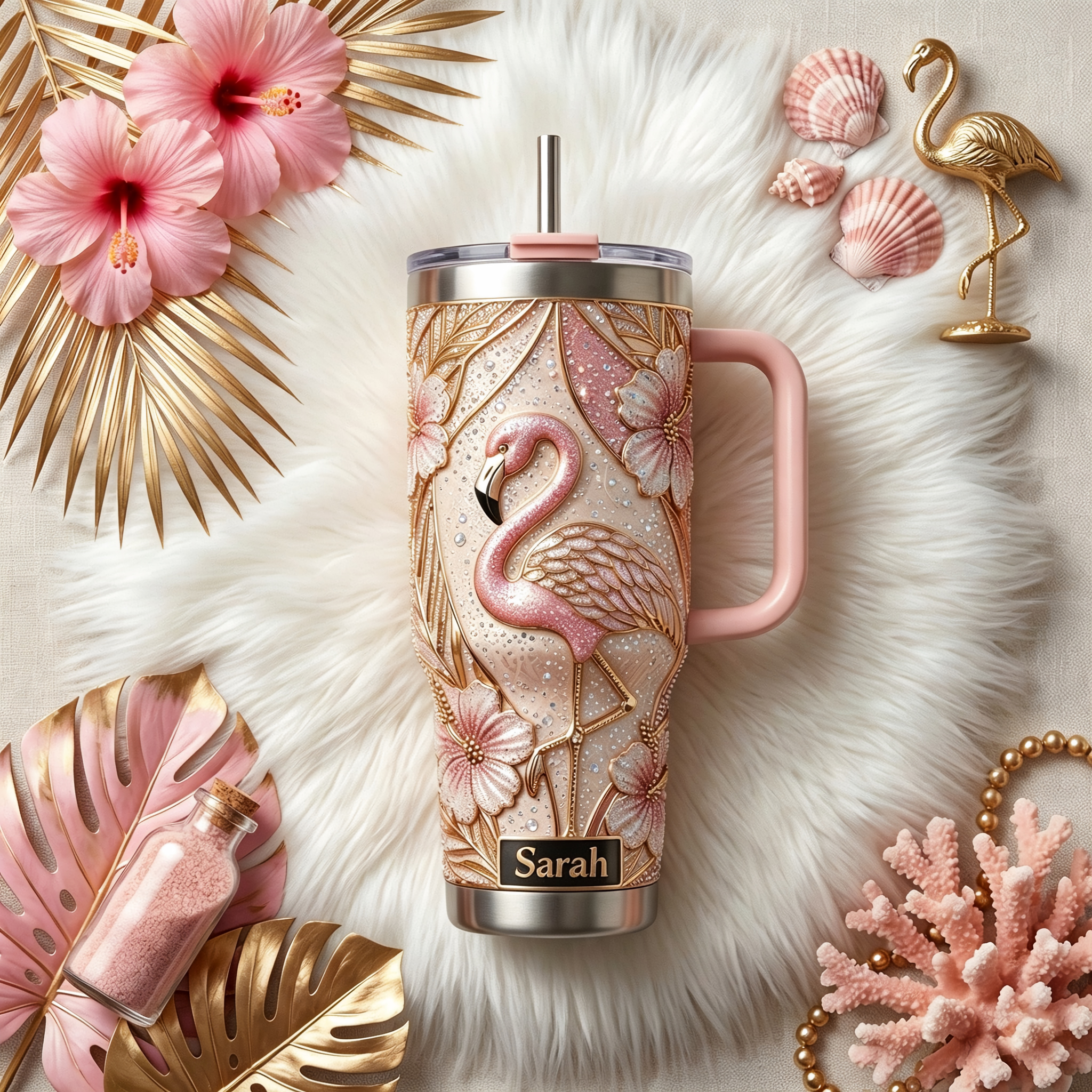 ✨Personalized Pink Flamingo Hibiscus 40oz Handle Tumbler🌺