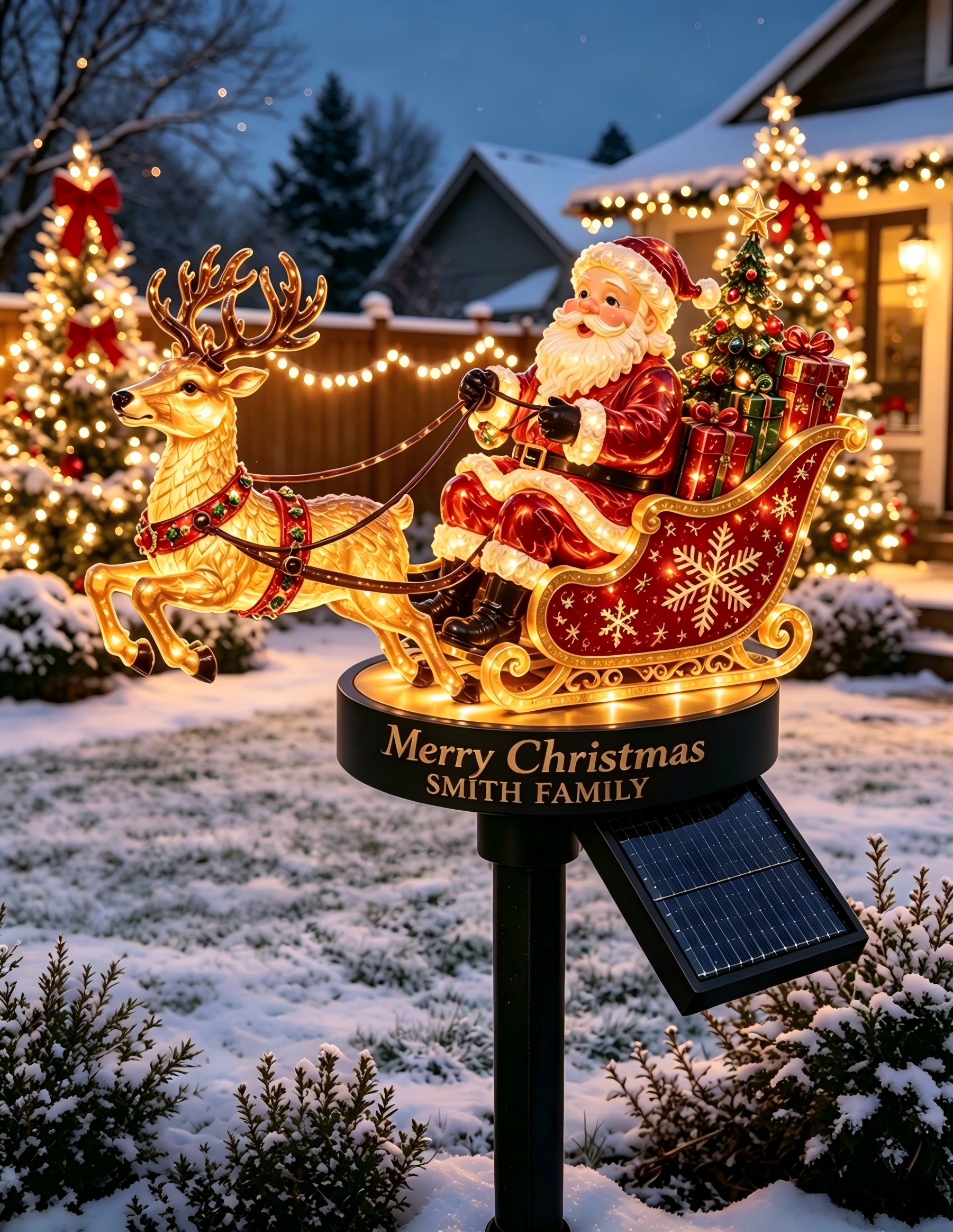 Personalized Santa & Reindeer Sleigh Solar Garden Stake Light 🎅🦌
