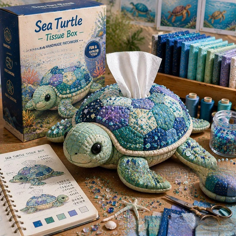 Ocean Animal Patchwork Tissue Box Cover Kit | DIY Handmade Sewing Tissue Holder Gift Set