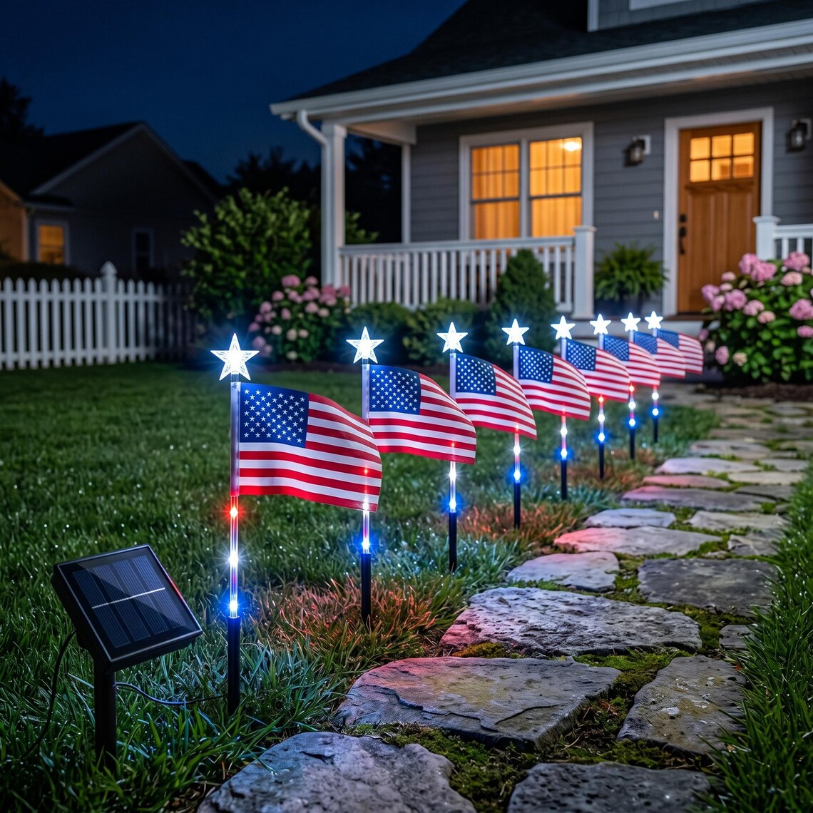 8 Pack Solar American Flag Lights, Waterproof Patriotic Pathway Stakes