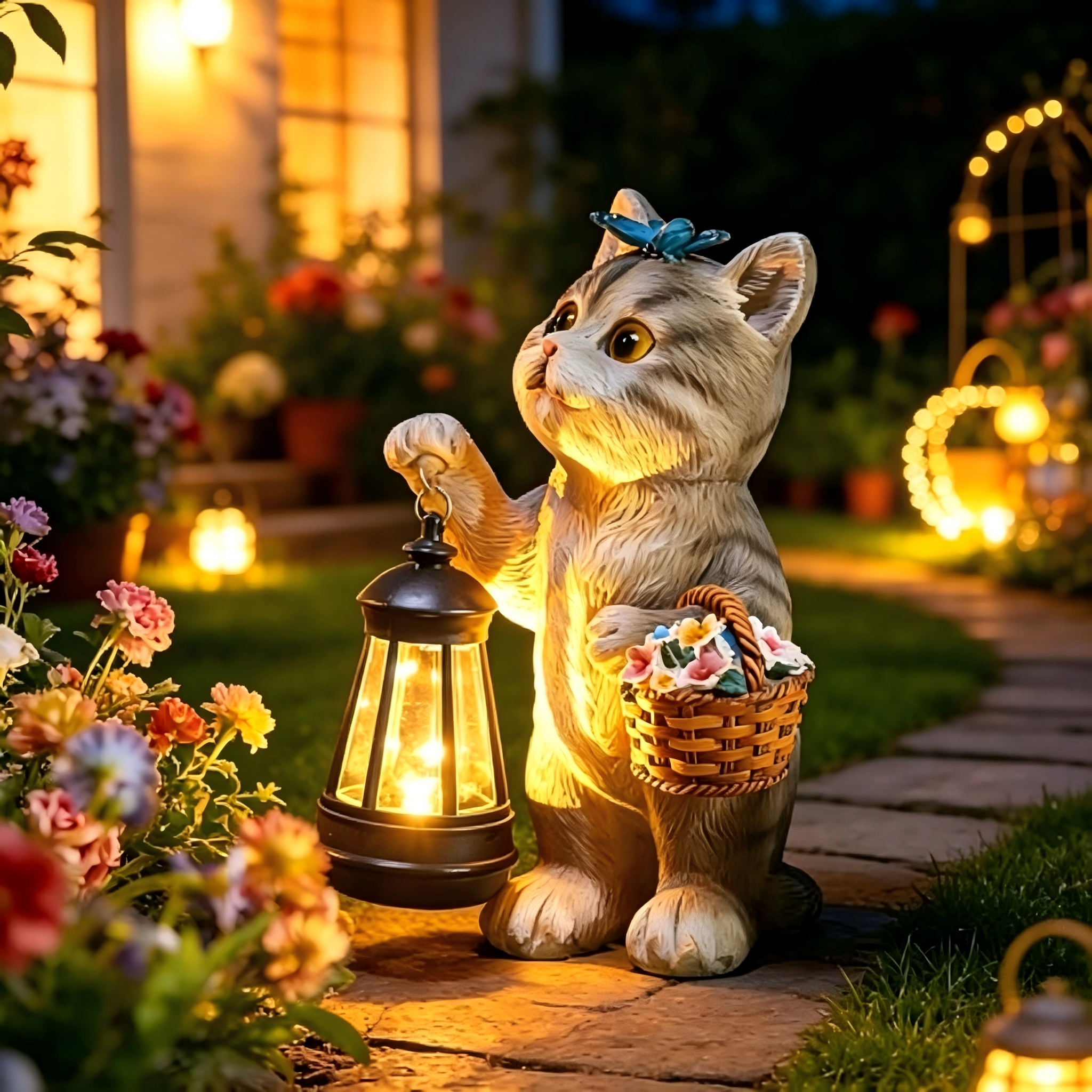 Solar Tabby Cat Garden Statue with Lantern Light