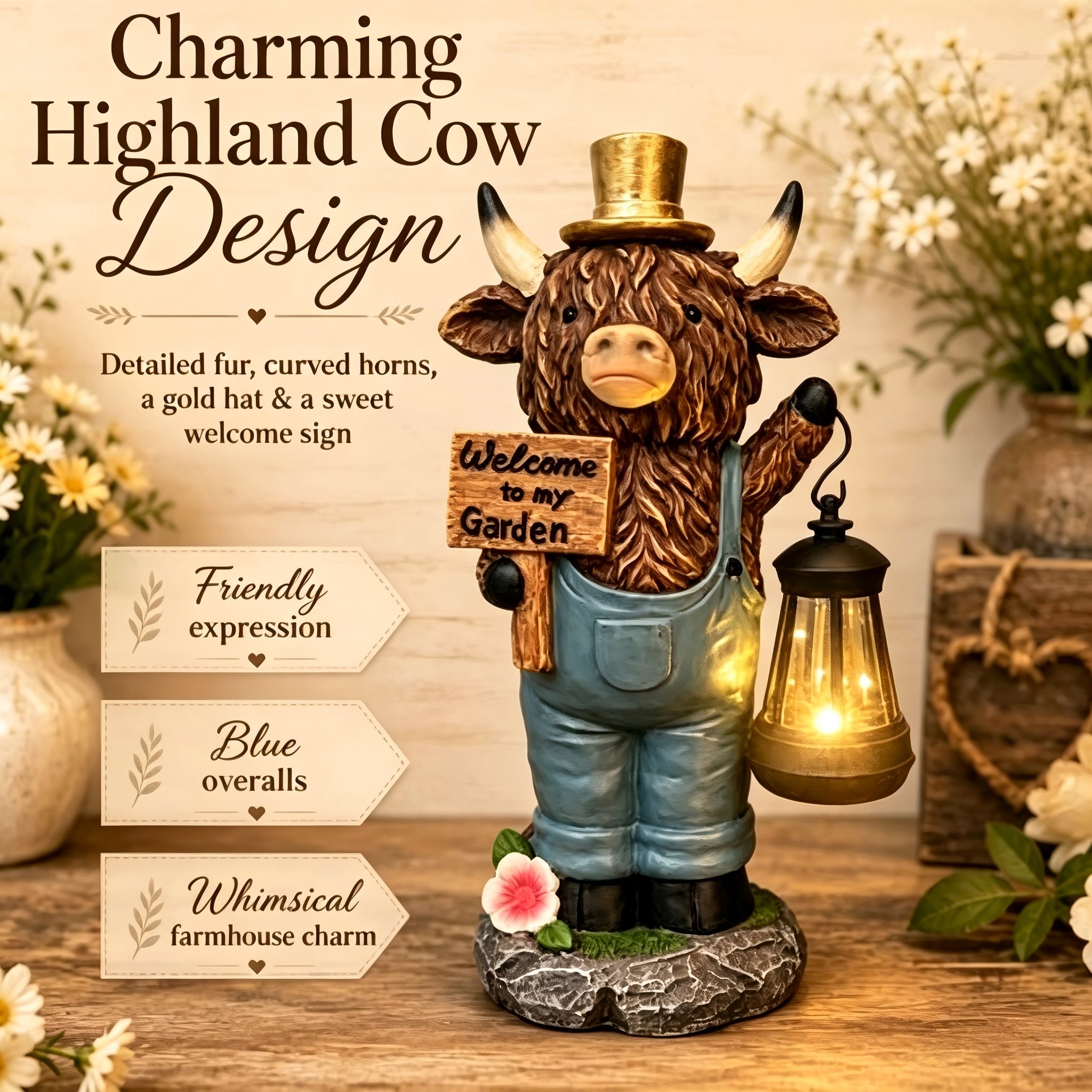 Solar Highland Cow Garden Statue with Lantern Light