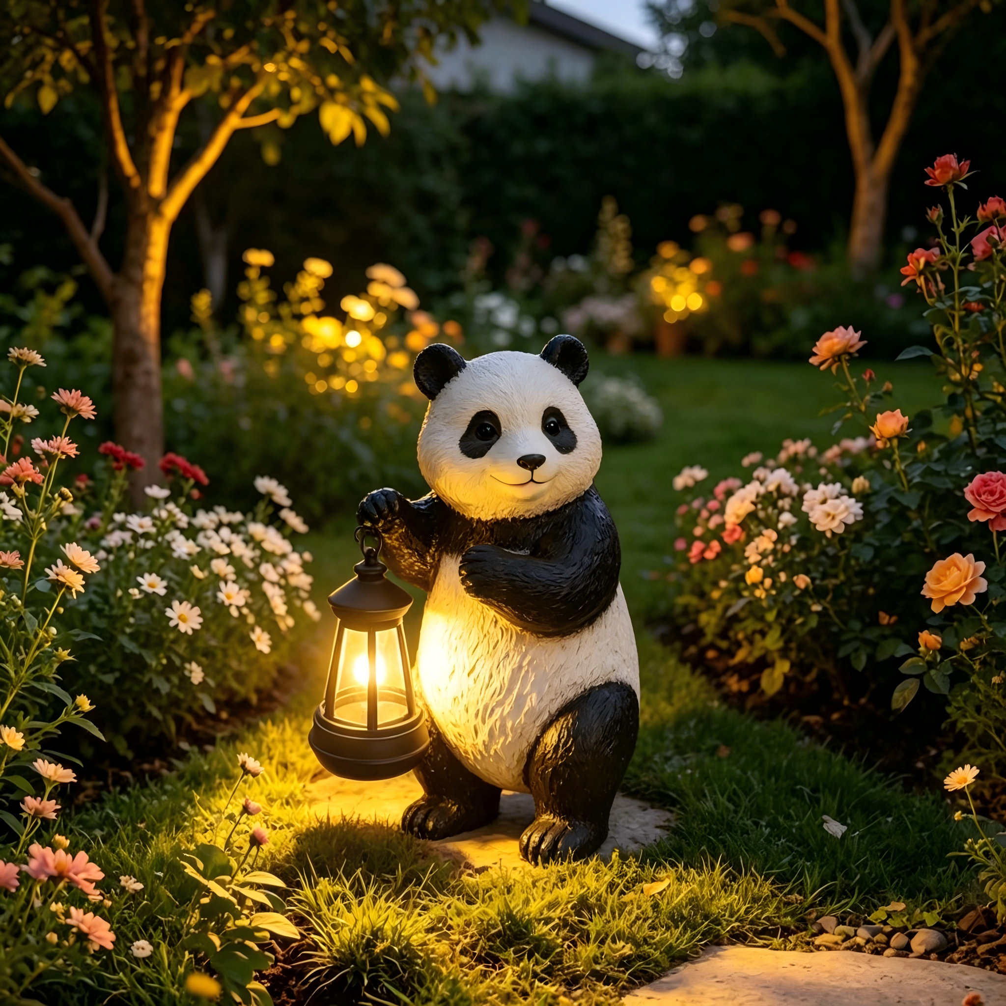 Solar Panda Garden Statue with Lantern Light