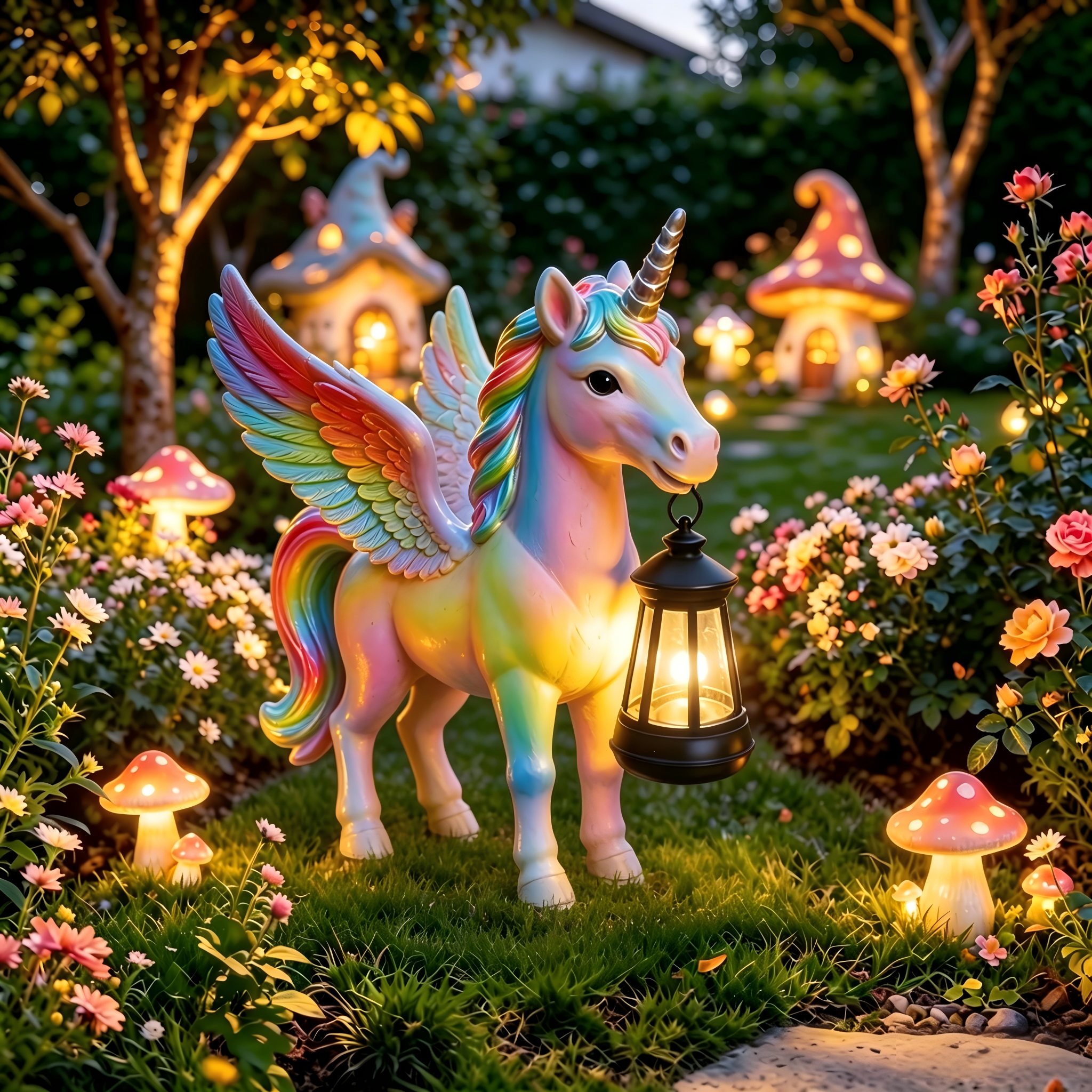 Rainbow Winged Unicorn Solar Garden Statue with Lantern Light | Fairy Tale Outdoor Resin Ornament